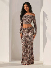 Opulessa Women 1-Shoulder Long Sleeve Cropped Top And Long Leopard Print Skirt 2 Piece Set